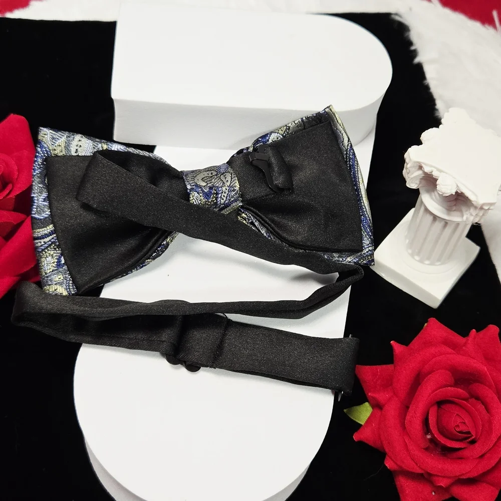 Silver Blue Paisley Bow Tie Pocket Square & Cufflinks Set – Wedding Prom Tux 4pc